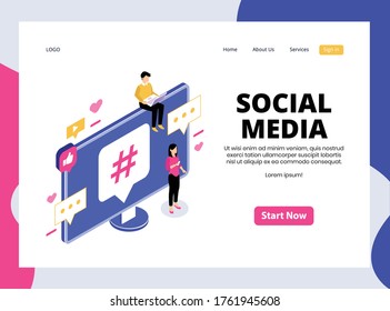 Isometric Landing Page of Social Media Marketing