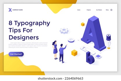 Isometric landing page template. Arranging message in readable and aesthetically pleasing composition vector illustration for webpage design. Web application development elements
