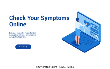 Isometric landing page template for checking symptoms online. Vector illustration mock-up for website and mobile website