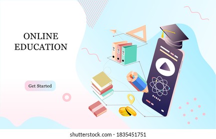 Isometric landing page template concept of Online Education for banner and website in memphis style background. Online training courses, university studies, e-learning research. Vector illustration.