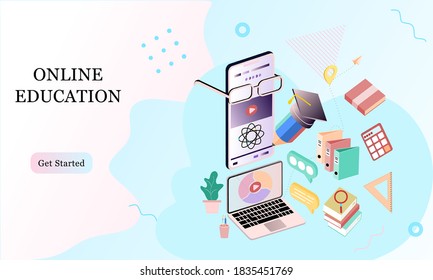 Isometric landing page template concept of Online Education for banner and website in memphis style background. Online training courses, university studies, e-learning research. Vector illustration.