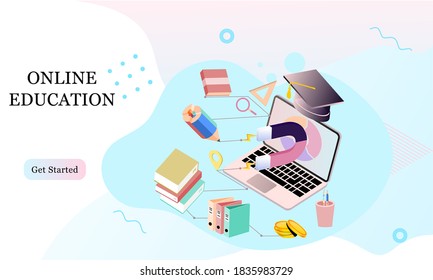 Isometric landing page template concept of Online Education for banner and website in memphis style background. Online training courses, university studies, e-learning research. Vector illustration.