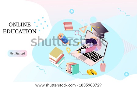 Isometric landing page template concept of Online Education for banner and website in memphis style background. Online training courses, university studies, e-learning research. Vector illustration.