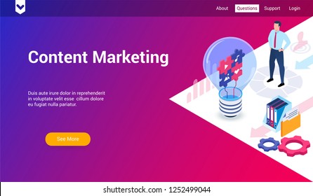 Isometric landing page template for content marketing. Vector illustration mock-up for website and mobile website