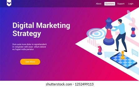 Isometric landing page template for digital marketing straategy. Vector illustration mock-up for website and mobile website