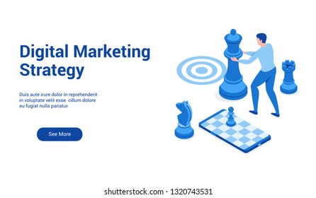 Isometric landing page template for digital marketing straategy. Vector illustration mock-up for website and mobile website