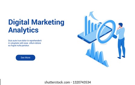 Isometric landing page template for digital marketing analytics. Vector illustration mock-up for website and mobile website