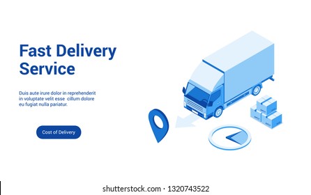 Isometric landing page template for fast delivery. Vector illustration mock-up for website and mobile website
