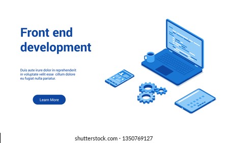 Isometric landing page template for front end development. Vector illustration mock-up for website and mobile website