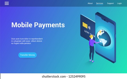 Isometric landing page template for mobile payments. Vector illustration mock-up for website and mobile website