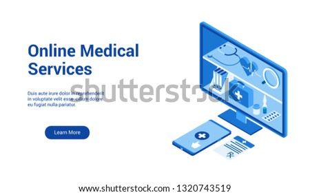 Isometric landing page template for online medical service. Vector illustration mock-up for website and mobile website