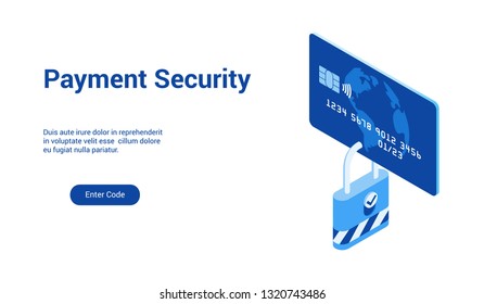 Isometric landing page template for payment security. Vector illustration mock-up for website and mobile website