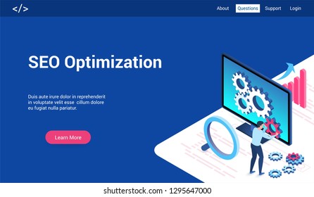 Isometric landing page template for seo optimization. Vector illustration mock-up for website and mobile website