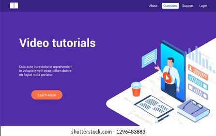 Isometric landing page template for video tutorials. Vector illustration mock-up for website and mobile website