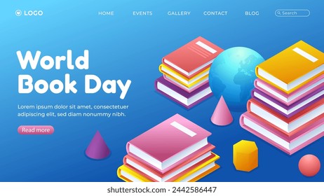 Isometric landing page template world book day celebration vector design in eps 10