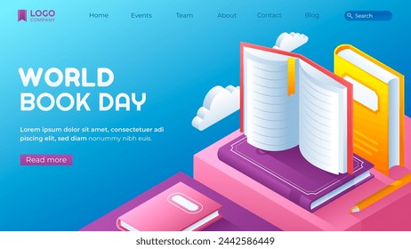 Isometric landing page template world book day celebration vector design in eps 10