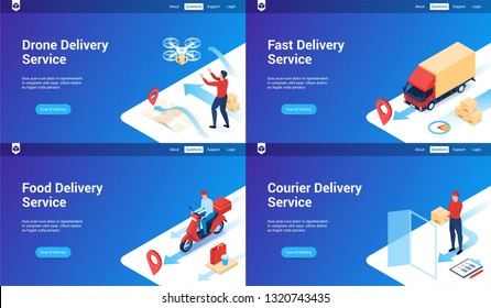 Isometric landing page templates for delivery services. Vector illustration mock-up for website and mobile website