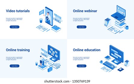 Isometric landing page templates for online education. Vector illustration mock-up for website and mobile website