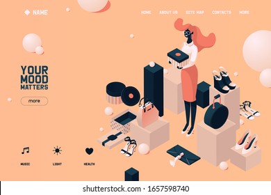 Isometric landing page with woman and shoes and bags collection. Pastel colors and 3d objects