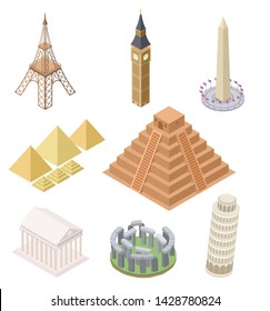 Isometric Landmark. Famous Building Travel Landmarks Pyramids Leaning Tower Big Ben Eiffel Tower Infographics World Map Vector Set. Travel Landmark, Statue Architecture, Eiffel Tower Illustration