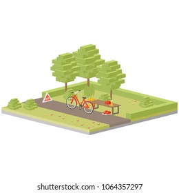 Isometric landscape with bench, bicycle in central park. Low poly vector illustration on white background