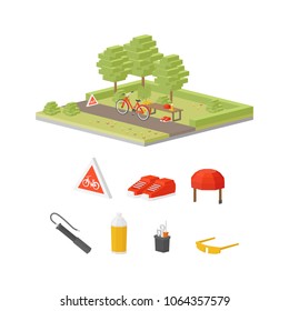 Isometric landscape with bench, bicycle in central park and bike icons set. Low poly vector illustration on white background