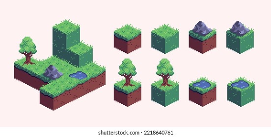 Isometric landscape blocks pixel art set. Map builder, square biome tiles collection. 8 bit sprite. Game development, mobile app.  Isolated vector illustration.