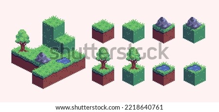 Isometric landscape blocks pixel art set. Map builder, square biome tiles collection. 8 bit sprite. Game development, mobile app.  Isolated vector illustration.