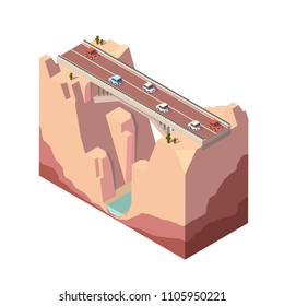 Isometric landscape with bridge, road and cars in the desert. Vector isometric 3D illustration.