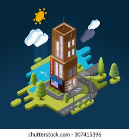 Isometric landscape with the building and the nature around the hotel, a shop with flowerbeds and flowers, the trees along the road. Flat vector 3d concept.