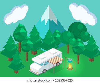 Isometric landscape for camping. 3D infographic illustration