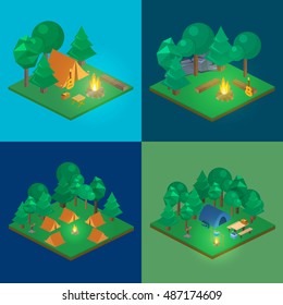 Isometric landscape for camping. Flat 3D vector illustration.