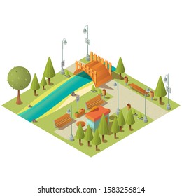 Isometric landscape of city green park with fast food kiosk. Town garden with grass lawns, benches and bridge over river. Vector 3d map of public recreation area with Wi-Fi free zone
