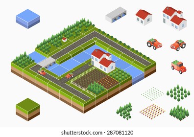 Isometric landscape of countryside with farm, tractor, harvest, the beds and the river.