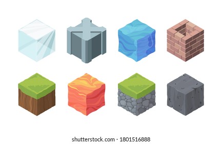 Isometric Landscape Cubes Set. Play Formations Made Of Ice And Metal Grassy Landscape With Rocky Soil Lava Water Relief Model Made Of Bricks 3D Geological Block Made Clay. Vector Game Cartoon.