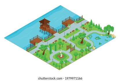 Isometric landscape design park composition park with walking paths by the waterfront with a gazebo green bushes and trees vector illustration