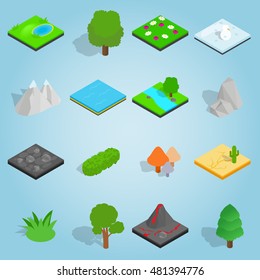 Isometric landscape icons set. Universal landscape icons to use for web and mobile UI, set of basic landscape elements vector illustration