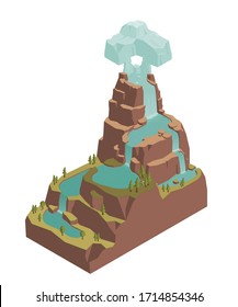 Isometric landscape illustration. Stock vector. Landscape with mountains, waterfalls, lakes and glacier. Isolated on white background.