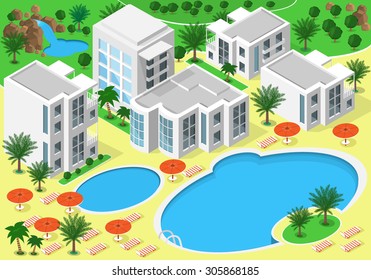 Isometric landscape of luxury beachfront hotel with swimming pools for summer rest. Set of detailed buildings, lakes, waterfall, beach with palms. Vector 3d isometric map