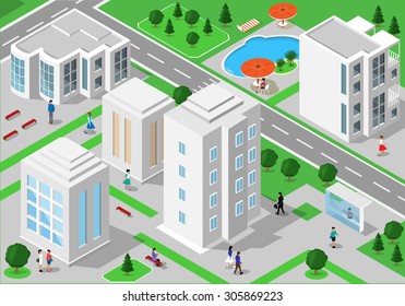 Isometric landscape with people, city buildings, roads, parks, hotels and swimming pool. Set of detailed city buildings. 3d isometric people 