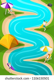 Isometric landscape resting on the river runner for the game, friends on vacation, fresh air, picnic, day off, stones, beach, sunbathing on the beach, tent