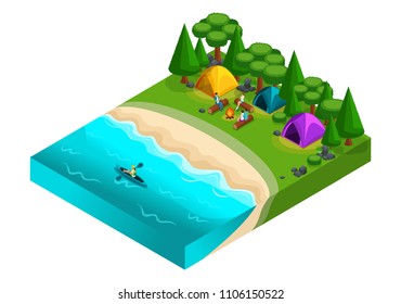 Isometric landscape rests on the river, friends on vacation, fresh air, picnic, day off, stones, beach, tent, kayak, canoe, friends by the fire