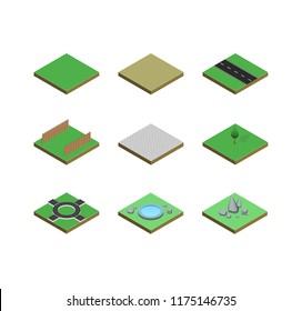 Isometric landscape with road, fence, tree, pool and stone