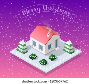 Isometric landscape snow covered Christmas tree forest village in the snow winter holiday