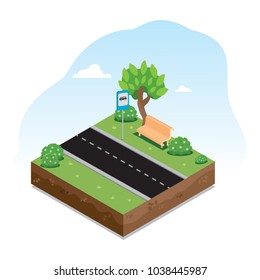 isometric landscape with stop, bench and road sign stop