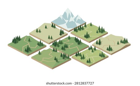 Isometric landscape tiles featuring green forest paths and snow-capped mountain peak.