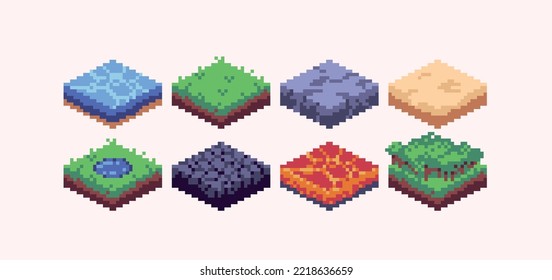 Isometric landscape tiles pixel art set. Map construction block collection. Biome terrain grid. 8 bit sprite. Game development, mobile app.  Isolated vector illustration.