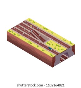 Isometric landscape with two side highway and tunnel. Vector isometric 3D illustration.