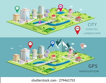 Isometric landscapes with city buildings, parks, plains, hills, mountains, lakes and rivers. Set of detailed city buildings. 3d isometric map with gps navigation
