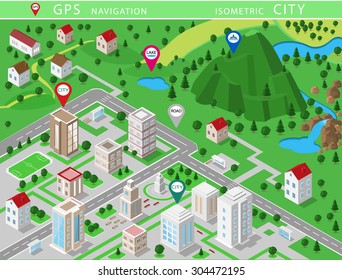  Isometric landscapes with city buildings, village, roads, parks, plains, hills, mountains, lakes, rivers and waterfall. Set of detailed city buildings. 3d isometric map with gps navigation 